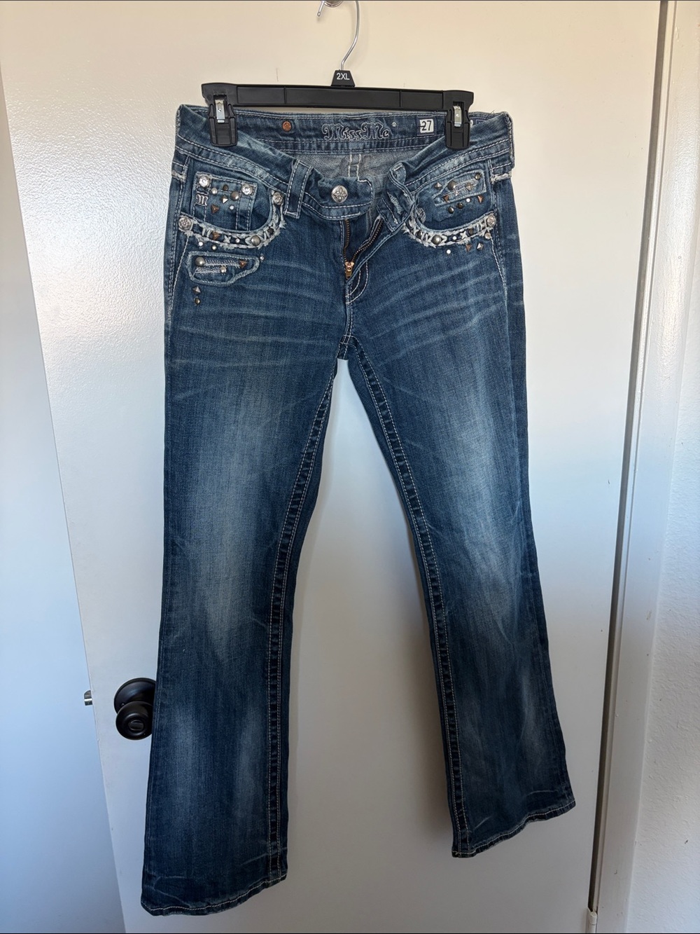 Miss Me Dark Wash Flare Jeans with Stud & Crystal Accents - Blue